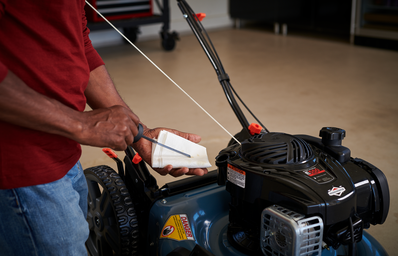 Push mower engine being serviced.